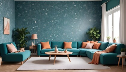Scandinavian living room interior design zoom background,Doodle patterned wallpaper graphics