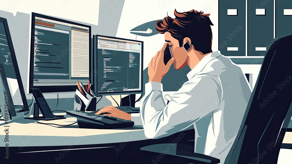 Poster a man working on a computer while on the phone