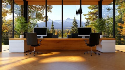 Fototapeta premium Modern office with a stunning mountain view. Two desks face each other, bathed in warm sunlight. The tranquil autumnal scenery creates a serene workspace.
