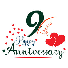 9th anniversary logo with golden ring, confetti and red ribbon isolated on elegant black background, sparkle, vector design for greeting card and invitation card
