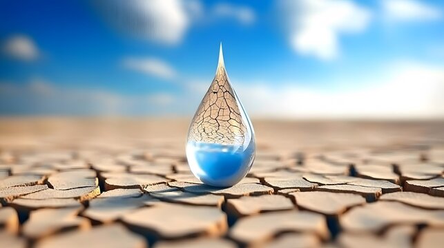 Parched, cracked earth with a single drop of water, representing scarcity. 