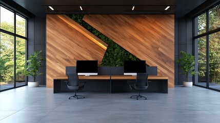 Modern office interior with sleek workstations, wood paneling, and a vibrant green wall feature. The space exudes calm and productivity.