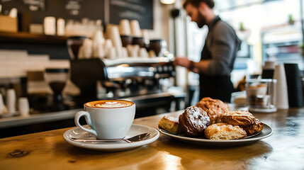 A steaming cup of coffee placed on a table next to a plate of assorted bakery items, with a barista visible in the background 