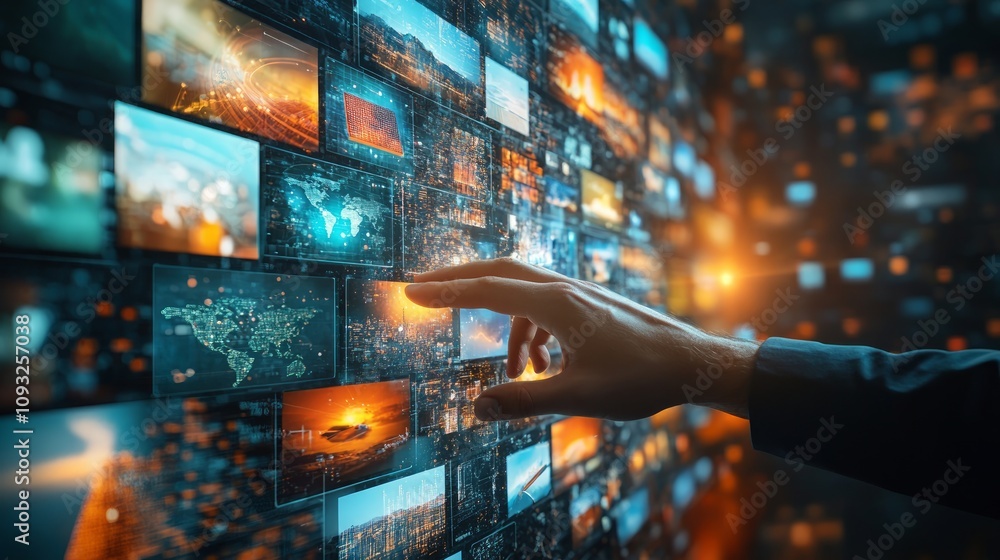 Poster hand interacting with a digital screen displaying various images and data.