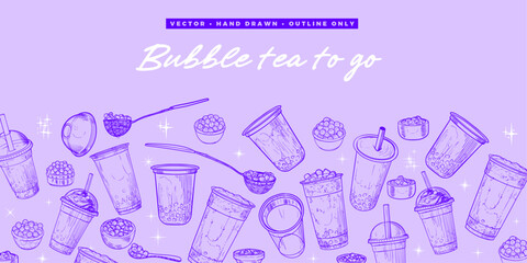 Vector hand drawn bubble teas with Boba word in the middle. Landscape banner design with milk tea in plastic to-go cups. Beverages with straws and jelly. Warm outline only illustration with drinks.
