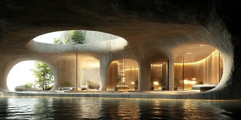 Modern cave-inspired architecture with a calming interior and serene waters in a tranquil setting