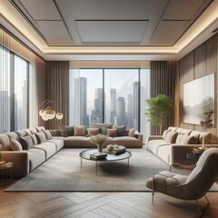 Luxurious penthouse living room with panoramic city views, contemporary furnishings, and elegant lighting for a refined ambiance