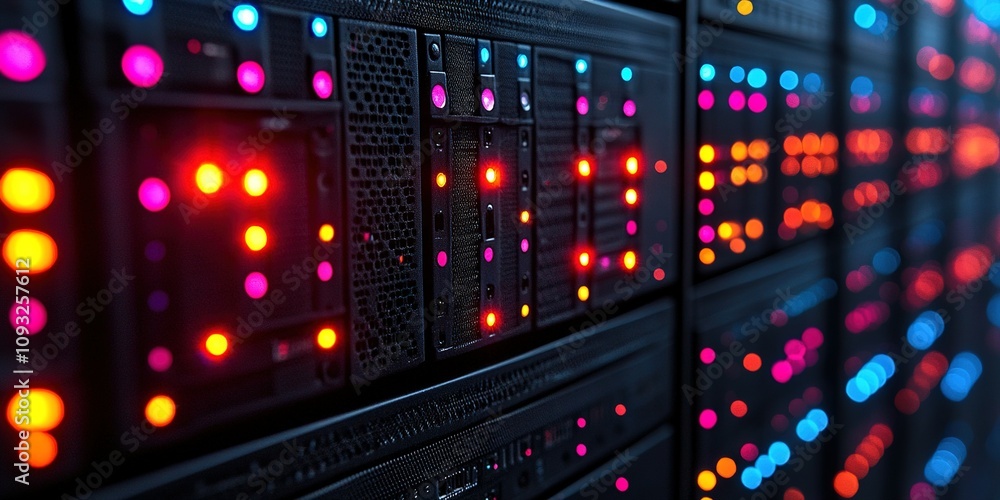 Poster colorful led lights illuminate server racks in a high-tech data center environment showcasing effici