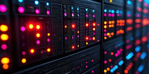 Naklejka premium Colorful LED lights illuminate server racks in a high-tech data center environment showcasing efficient technology at work