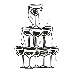 Pyramid or tower of glasses with champagne or sparkling wine. Hand drawing black color doodle vector art illustration for wedding or birthday invitation or greeting card. Simple line vintage style. © KPstudio