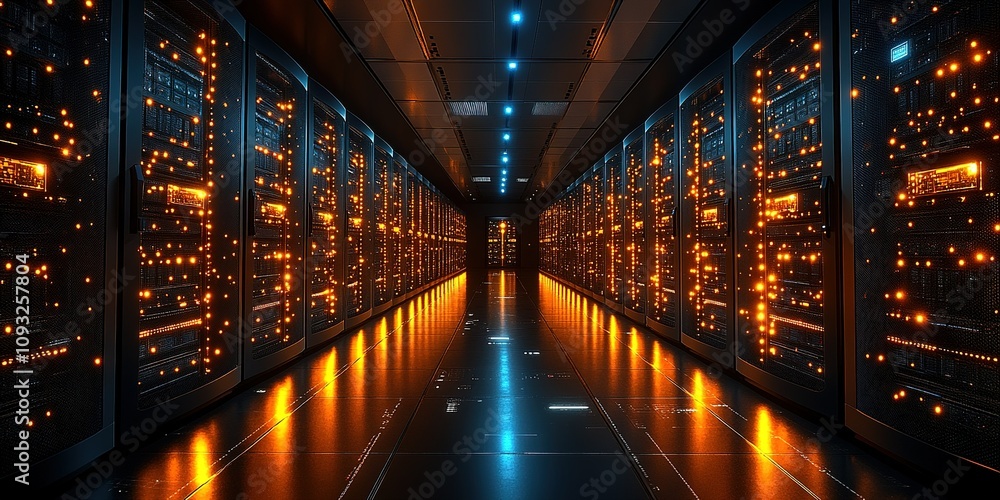 Poster illuminated data center corridor with rows of servers and glowing lights at night