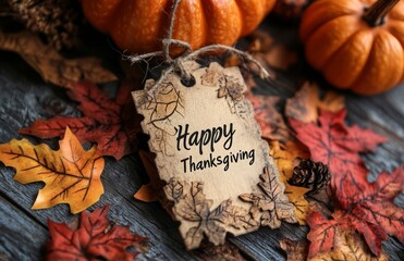 Happy Thanksgiving Tag on Pumpkin with Wooden Background