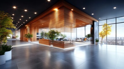 Fototapeta premium Modern office interior design with a sleek, minimalist aesthetic. Natural light floods the space, highlighting the warm wood accents and plants.