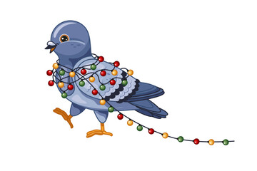 Christmas Pigeon with Festive Garland - Holiday Coloring Page Activity. Vector Illustration.
