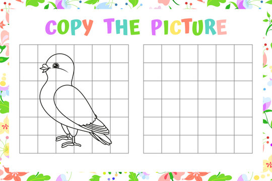 Grid Drawing Activity: Copy the Picure Pigeon Ouline for Kids. Vector Illustration