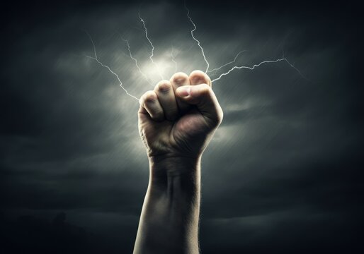 Clenched fist with lightning bolts in dark stormy sky