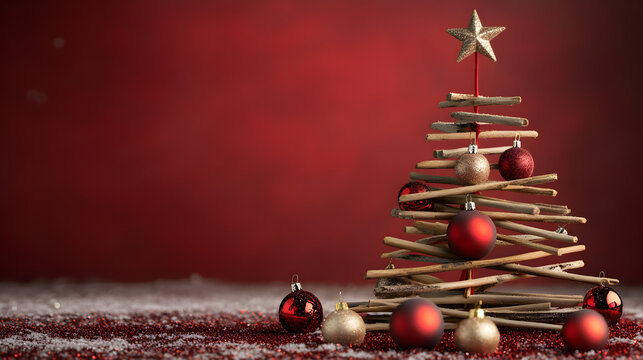 un fondo rojo con espacio de copia con un arbol de navidad hecho de troncos de madera con decoraciones navide&ntilde;as con esferas y decoraciones para navidad