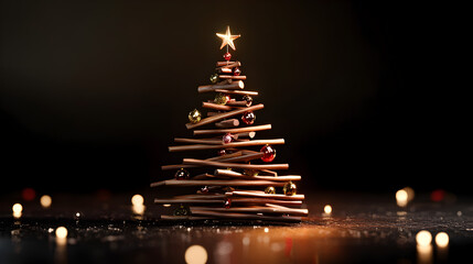 un fondo oscuro con un arbol de navidad hecho de troncos y palos de madera decorado para celebraciones de navidad con espacio de copia © Erika