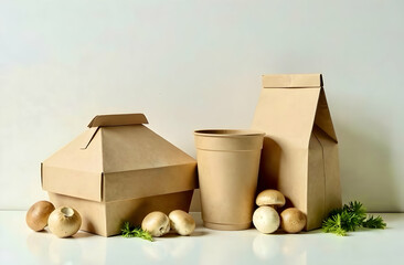 Set of eco-friendly packaging made of biodegradable materials on light background with mushrooms and microgreens