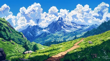 Fototapeta premium Majestic Mountain Vista with Hiking Trail and Wildflowers