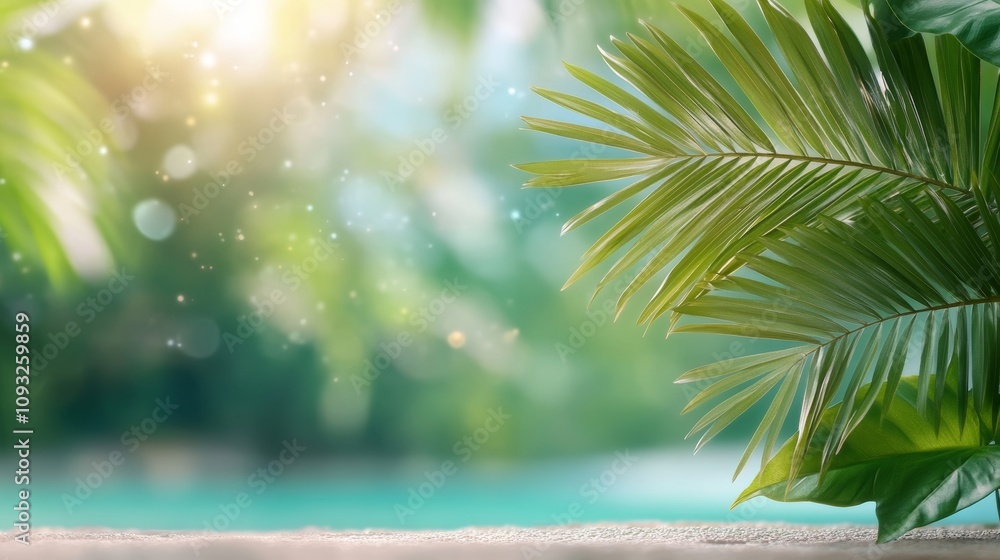 Poster lush tropical background with sunlit palm leaves and soft bokeh effect for a serene and relaxing atm