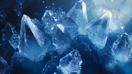 Close-up of sparkling ice crystals on a blue background, showcasing intricate shapes and textures. Ethereal Ice Crystals. Illustration