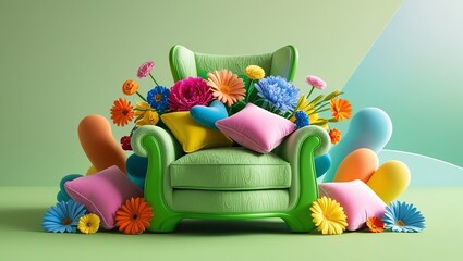 Obraz premium green armchair with colorful flowers on pastel green background. Advertisement idea. Creative composition. 3d render, social media and sale concept