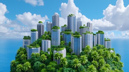 Obraz premium Buildings in harmony with nature, surrounded by lush greenery.