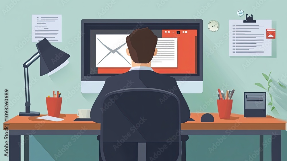 Poster man sitting at a desk working on a computer with an open email