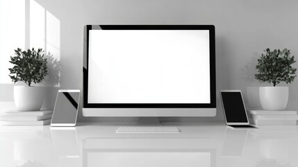 Fototapeta premium Sleek workspace setup with a desktop computer, tablets, and potted plants. Modern minimalist aesthetic in grayscale.