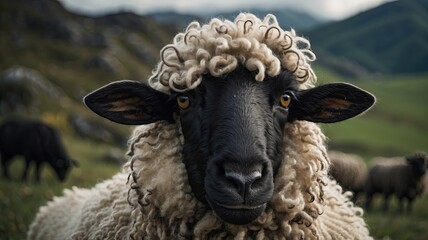 Naklejka premium Close-Up of Black-Nosed Sheep in Mountain Landscape