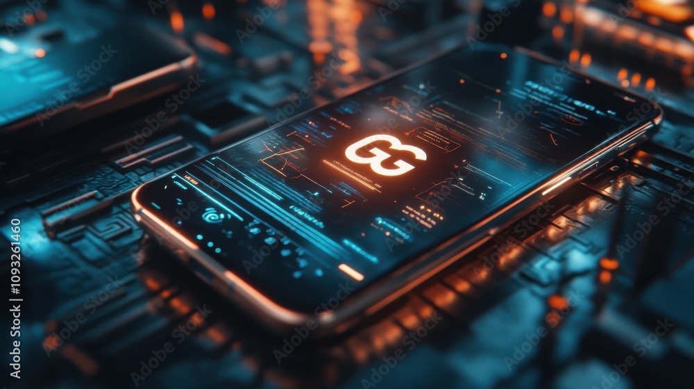 Poster futuristic smartphone displayed on a glowing circuit board with digital elements symbolizing advance