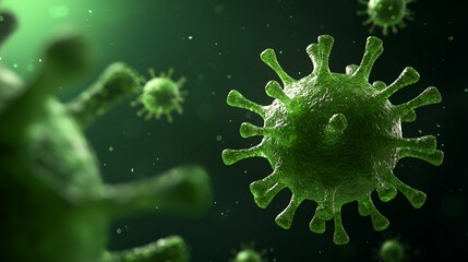Fototapeta premium A detailed close-up of green virus particles, highlighting their structure against a blurred background, illustrating the microscopic world of pathogens.