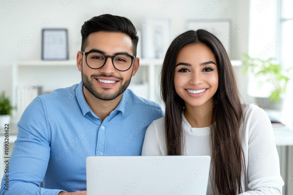 Poster a dynamic real estate consultation featuring a smiling hispanic agent presenting a virtual house tou
