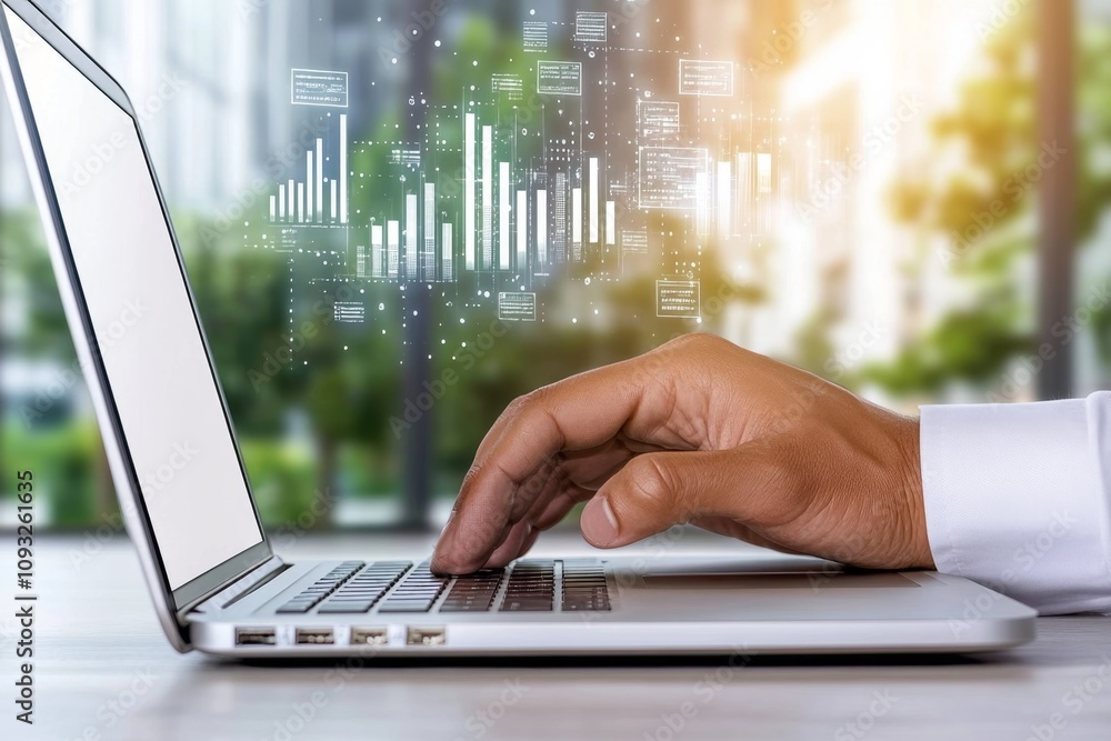 Poster a dynamic scene of a businessman in a corporate setting, analyzing roi data on a laptop. holographic