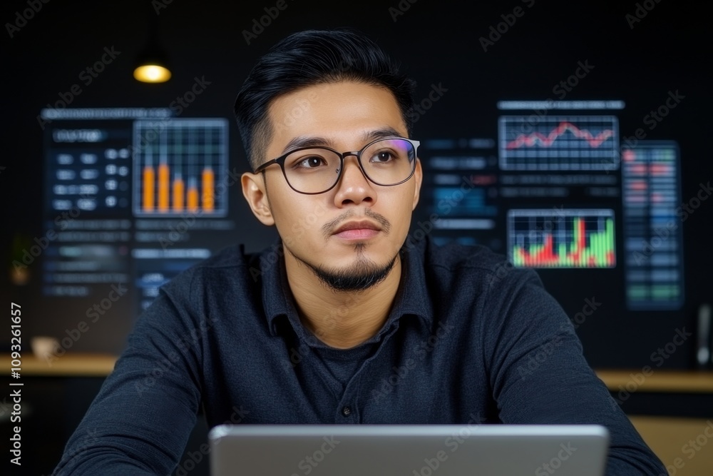 Poster a dynamic scene of a businessman in a corporate setting, analyzing roi data on a laptop. holographic