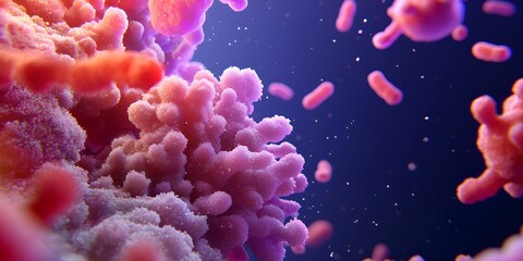 A vibrant, microscopic view of bacteria and cellular structures, showcasing intricate details in shades of pink and purple against a dark background.