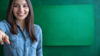 una mujer desenfocada sobre un fondo verde vacio con espacio de copia la mujer señala o indica algo o algun producto