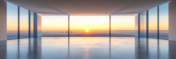 Fototapeta premium Stunning sunset view from a modern, minimalist room with floor-to-ceiling windows. The warm colors of the sky are reflected on the polished floor.
