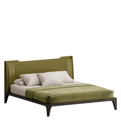 A green bed with pillows and a green comforter