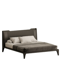 A bed with a grey headboard and a grey comforter