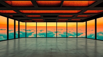 Serene sunset view from a modern, minimalist room with floor-to-ceiling windows overlooking a sea of clouds. The warm hues of the sunset create a tranquil and inspiring atmosphere.
