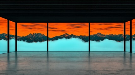 Fototapeta premium Breathtaking sunset view of majestic mountains from a minimalist room with floor-to-ceiling windows. The vibrant orange sky contrasts beautifully with the tranquil blue fog.
