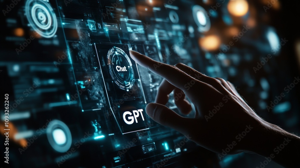 Poster hand interacting with futuristic gpt interface on a digital screen.
