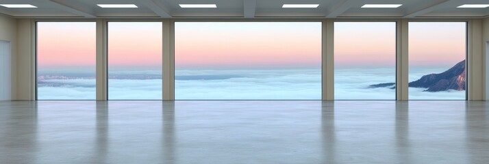 Fototapeta premium Serene sunrise view from a minimalist, spacious room. Floor-to-ceiling windows offer breathtaking pastel-hued clouds and distant mountains.