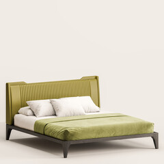 A bed with a green headboard and a green comforter