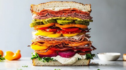 A giant, multi-layered deli sandwich overflowing with meats, cheeses, vegetables, and creamy spread.