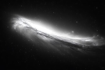A grayscale image of a spiral galaxy in the vast expanse of space.