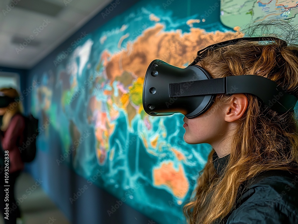 Poster students exploring 3d topographical world map in virtual reality classroom