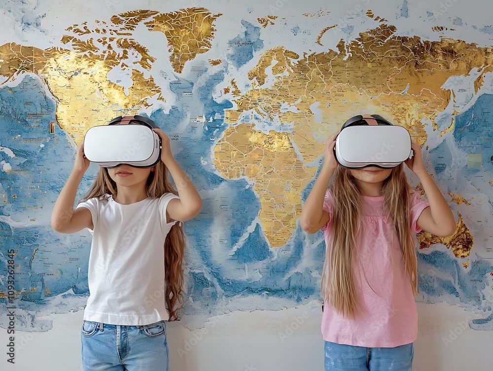 Poster students exploring 3d topographical world map in virtual reality classroom concept with clean backdr